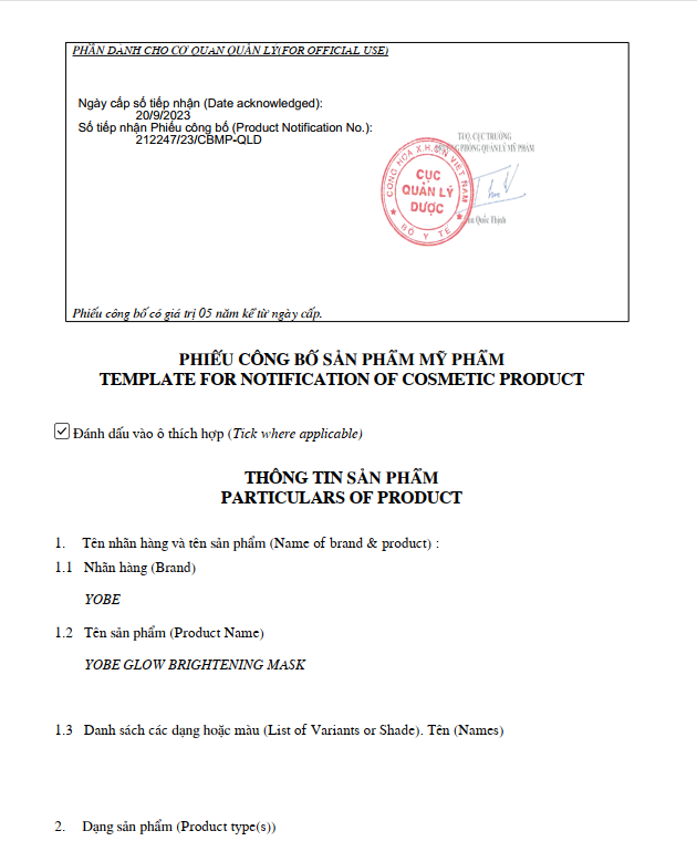 Mặt Nạ Dưỡng Trắng Da YOBE Glow Brightening Mask (5 miếng/hộp)